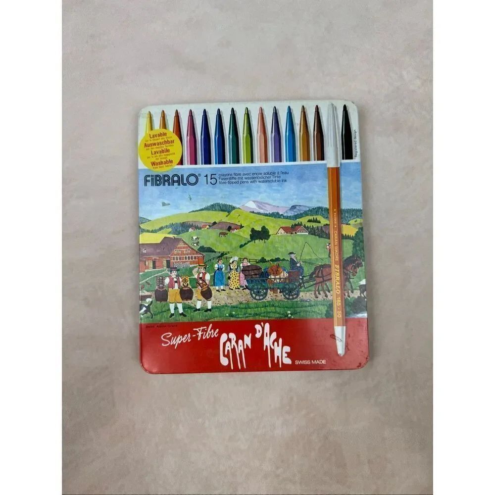 Vintage Caran d'Ache FIBRALO Fiber-Tipped Pens with Swiss Alpine Scene Metal Tin